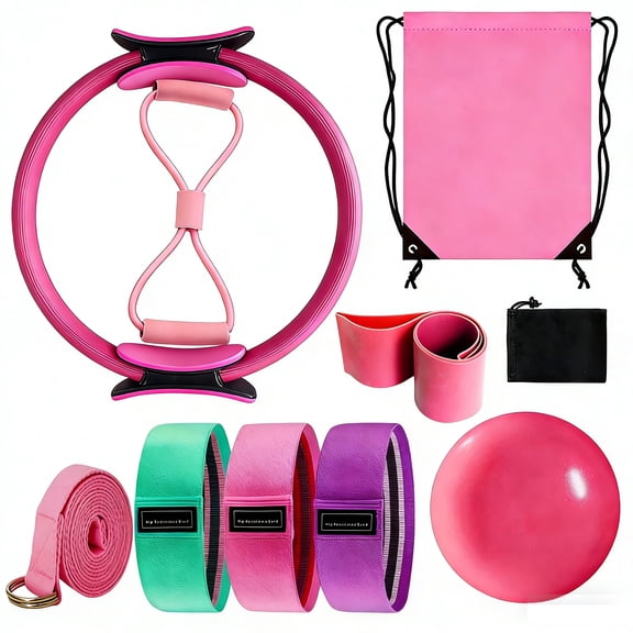 Angivlga  Pilates Equipment Kit for Home Workouts - 15in Pilates Ring, Ball Set, Booty  & Figure 8 Resistance Band - Pilates Essentials Kit for Women with Yoga  & Strap - Portable Pilates Set