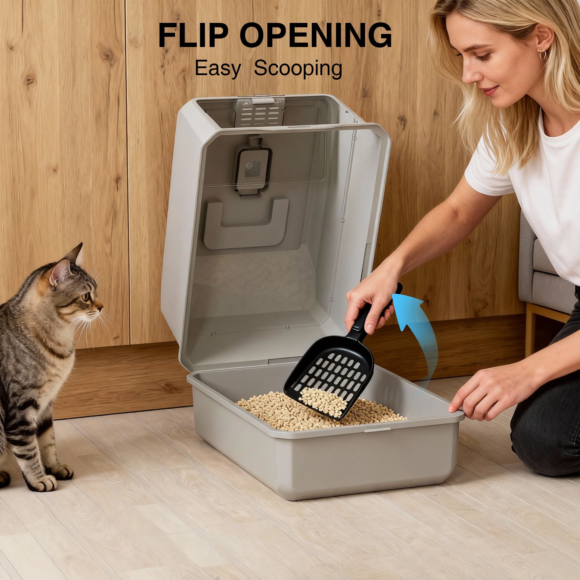 Cat Litter Box Enclosure Large Litter Box with Front Door Flap and Scoop Plastic Gray