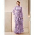 thumbnail image 3 of Mauve Purple Womens Elegant Long Sleeve Pleated Maxi Dress With Ruched, 3 of 6