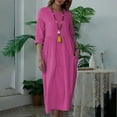 thumbnail image 2 of HAPIMO Women's Tea Length Cotton Linen Dress Solid Holiday Autumn Dresses Boat Neck Elegant Casual Comfy Vintage Boho 3/4 Sleeves Hot Pink M, 2 of 8