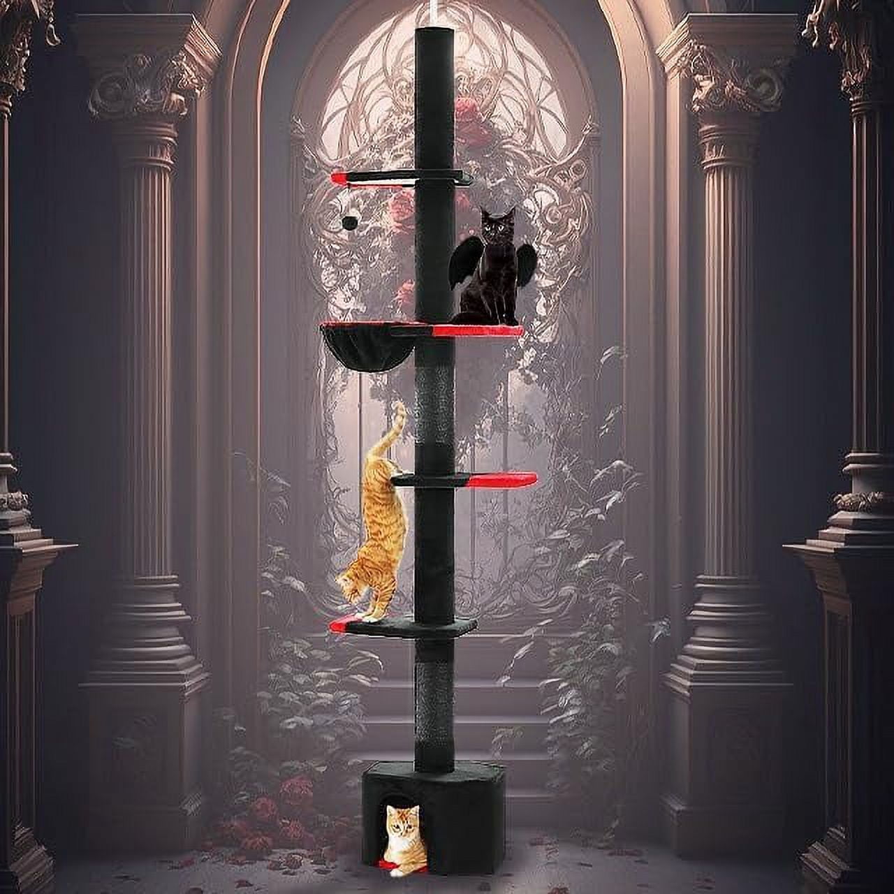 Gothic Cat Tree, Floor to Ceiling Cat Tower with Adjustable Height (86.8-120 Inches), 5 Tiers Black Cat Condo with Cozy Hammock, Fully Scratching Posts and Dangling Balls for Indoor Cats