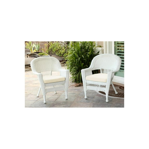 Jeco W00206-C-2-FS001-CS White Wicker Chair with Ivory Cushion - Set of 2