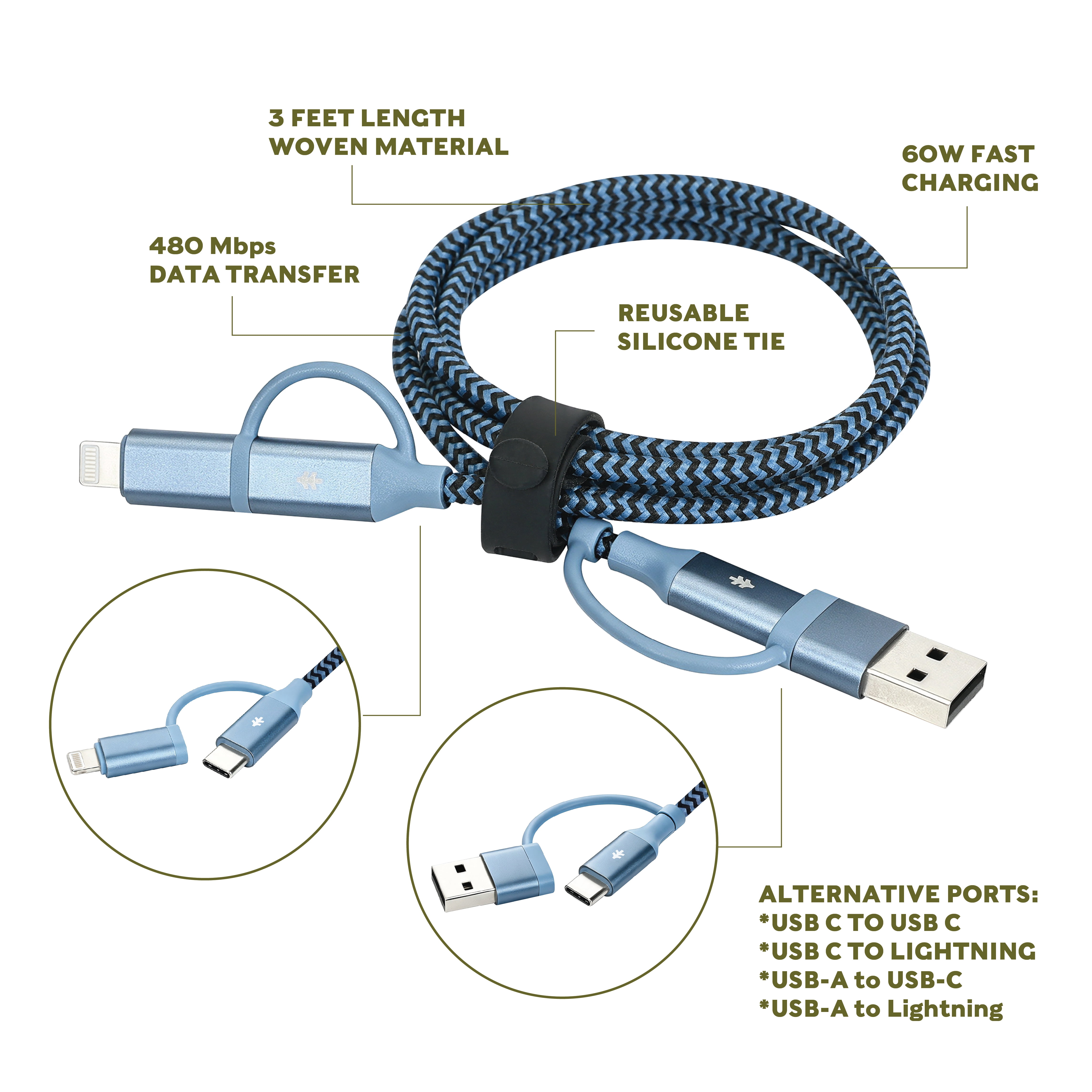 Swiss Tech Kabel T60 3 ft 60W 4-in-2 USB-C to USB-C/Lightning Charging Cable, Cresta Blue