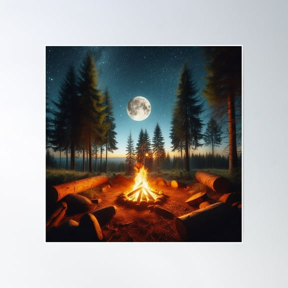 Campfire In The Moonlight Poster Wall Art, Modern Wall Decor, 16x16 UNFRAMED
