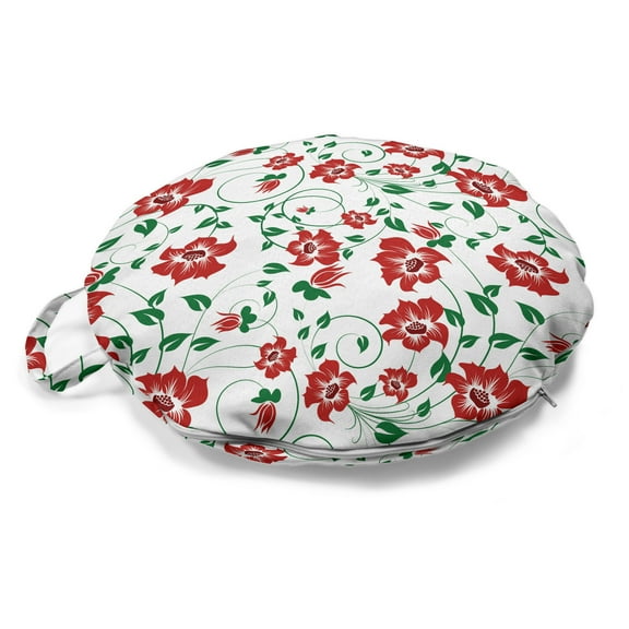 Floral Vintage Round Floor Cushion with Handle, Flower Bouquets Swirly Leafy Branches Romantic Classic Repetition, Pillow for Living Room & Dorms, 18" Round, Green Ruby and White, by Ambesonne