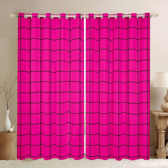 Homewish Vintage Rectangle Plaid Black Out Curtains, Stripes Ombre Curtains Pack of 2 (42x63 Each), Hot Pink Abstract Artwork Bedroom Curtains, Window Curtains Decor