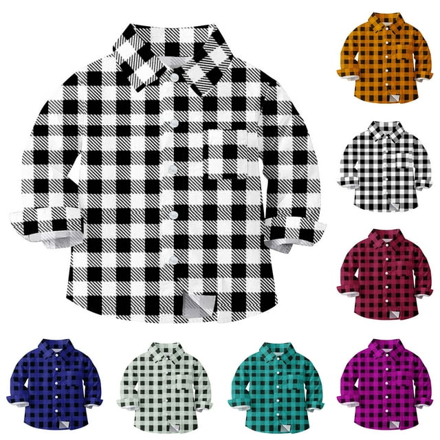 Tranfacy Plaid Button Up Shirts for Kids 6M-8 Years Chest Pocket School Uniform Style Long Sleeve