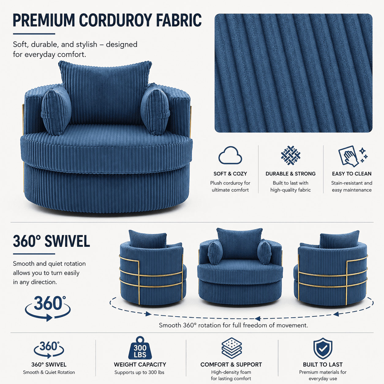 MOONMISS Swivel Barrel Accent Chair with Hidden Storage,Corduroy Round Single Sofa,Gold Metal Frame,for Living Room Reading Nook,Blue