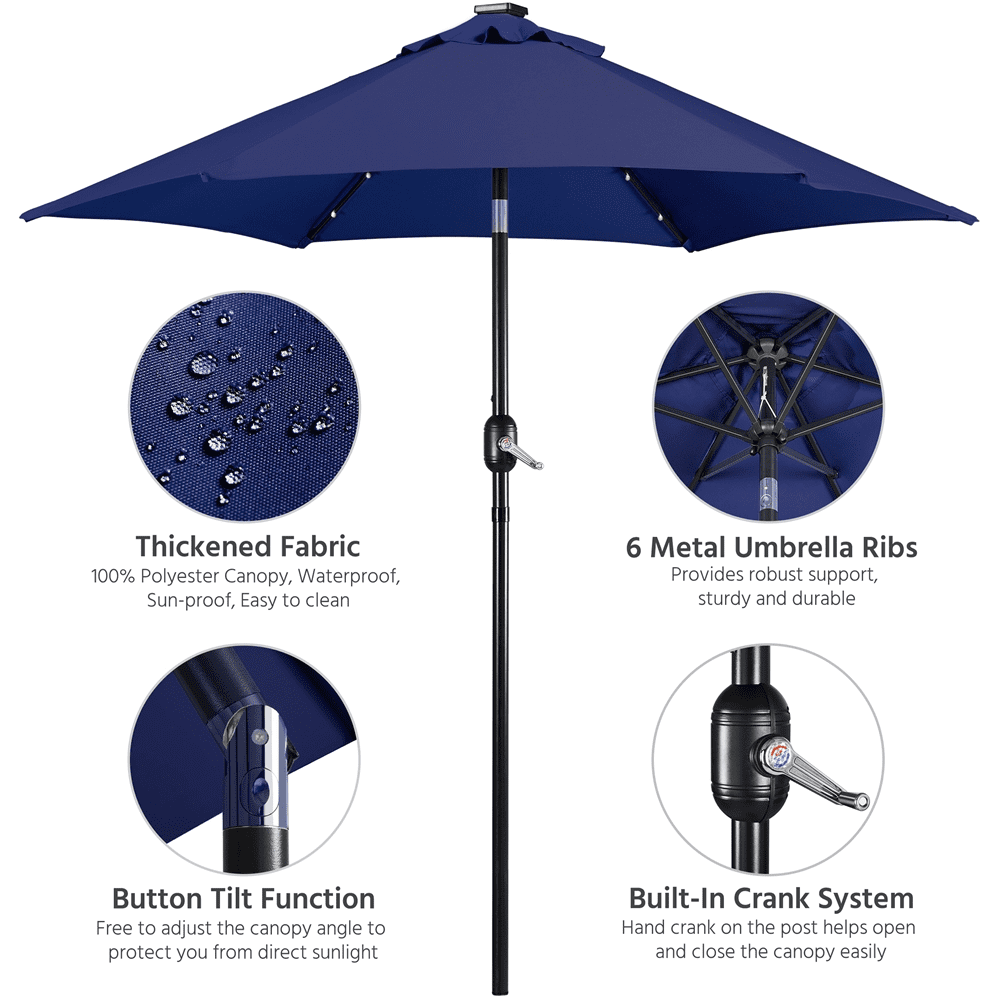Renwick 7.5Ft Patio Market Umbrella with 18 LED Lights, Navy Blue