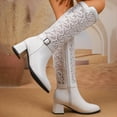 thumbnail image 3 of Knee High Boots Women Elegant Hollow Lace Mid Calf Dress Booties Chunky Block Heel Fashion Bucke Strap Side Zipper Long Fall Boots White Size 8, 3 of 7