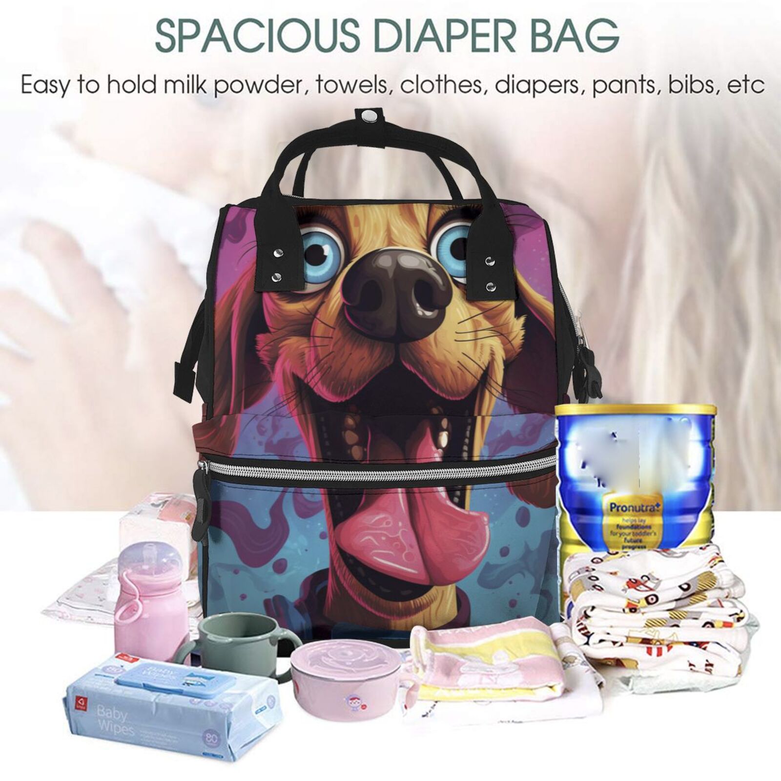 Fuzoiu Cartoon Big-Eyed Dog Print Diaper Bag Backpack,Baby Essentials Travel Tote,Multi function Waterproof Diaper Bag, Travel Essentials Baby Bag - Unisex
