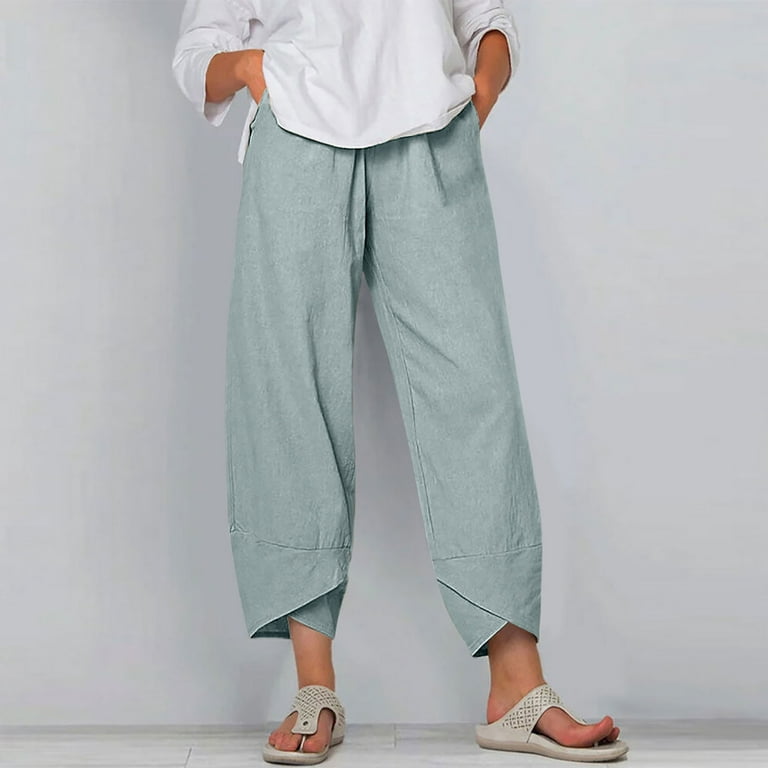 Jsezml Wide Leg Pants for Women Casual Loose Elastic Waist Linen Pants  Trendy Summer Capri Cropped Pants