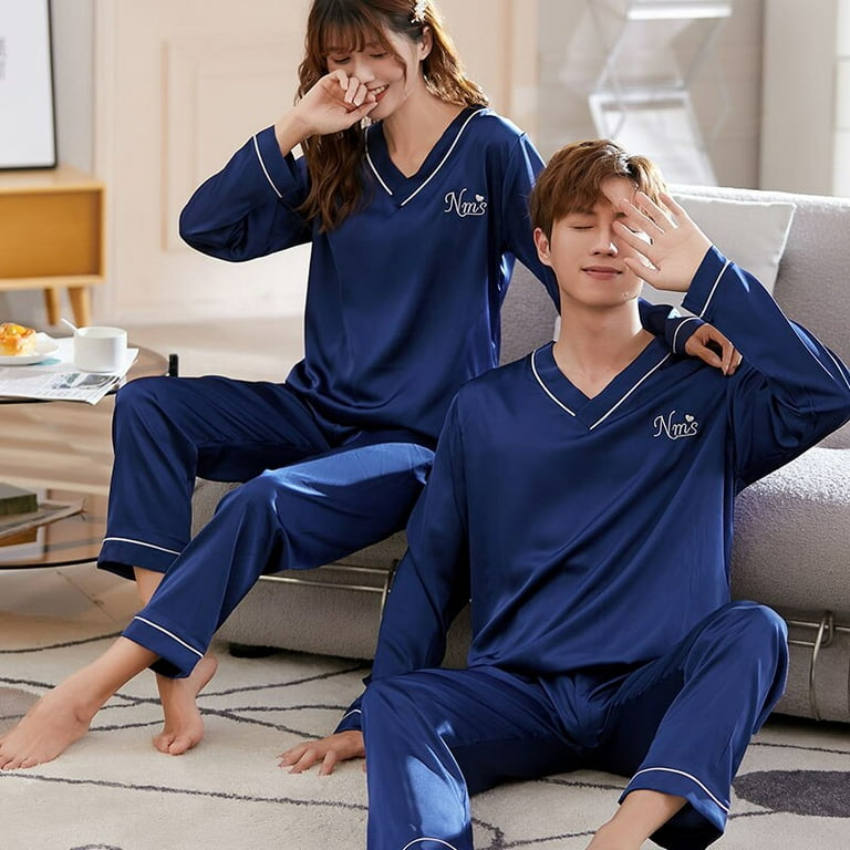DanceeMangoo Luxury Pajama Suit Men Silk Pajamas Sets Couple Sleepwear  Family Lover Soft Men & Women Pajamas Autumn Winter Pajamas for Men 