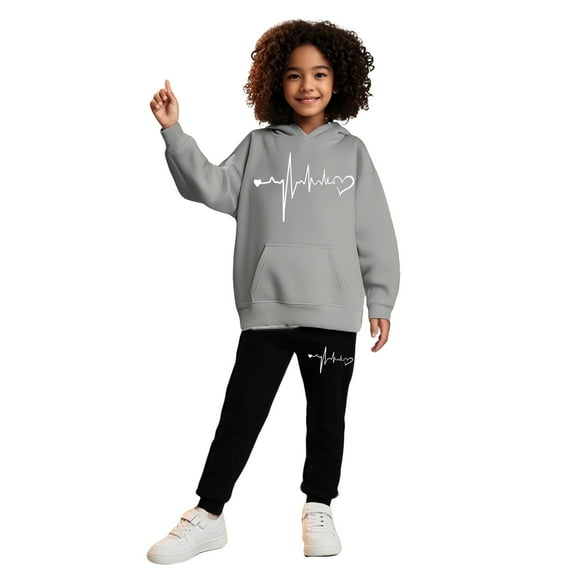 Kids Sweatsuit Set for Girls 2PC Long Sleeve Printed Hooded Sweatsuits Pullover Jogging Pants Warm Fall Winter Clothes Girls Clothing Size 11-12 Years Boys Girls Fashion