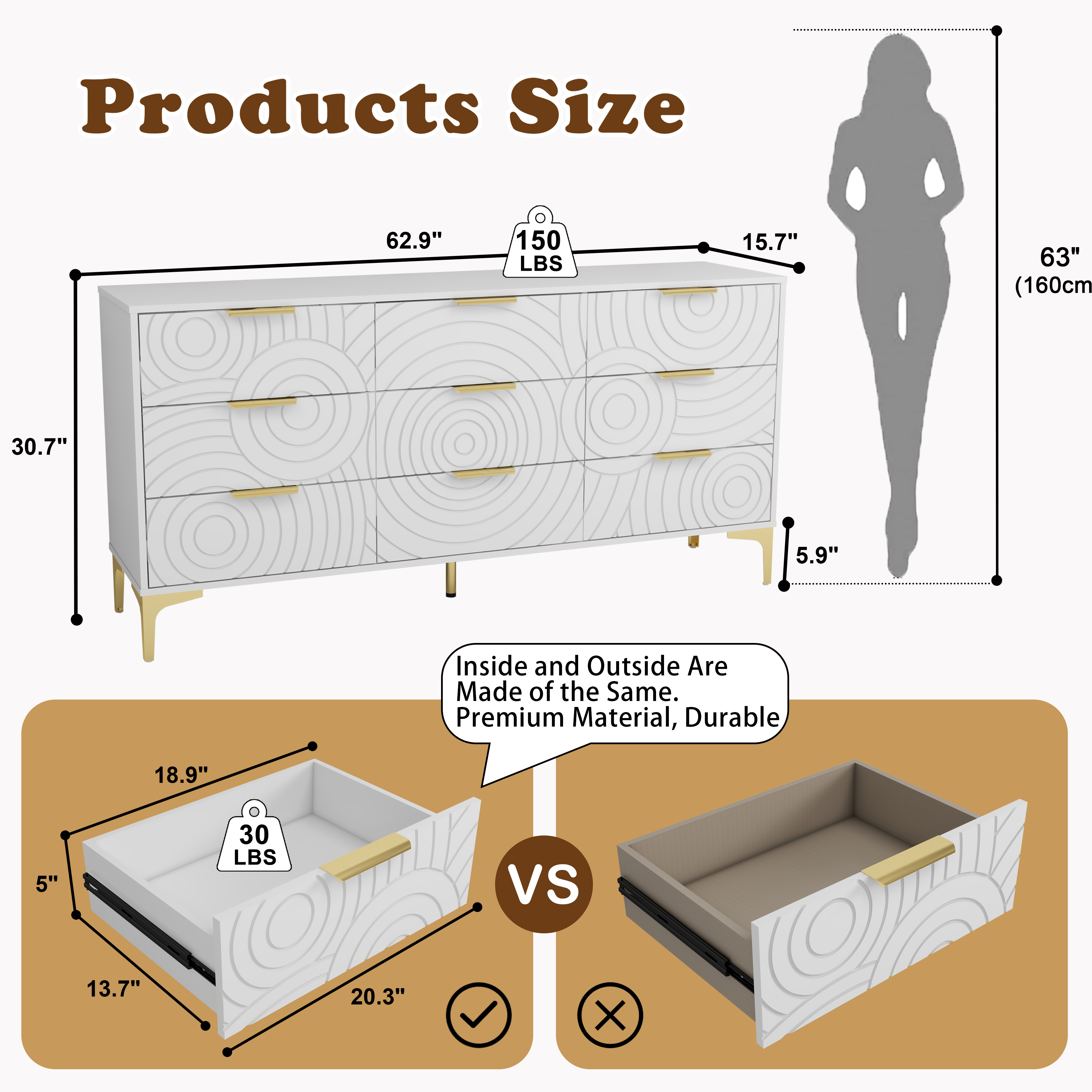 Modern 9 Drawer Dresser 62.9 Inch Wide Chest of Drawers with Elegant Scroll Pattern for Bedroom Living Room or Hallway White