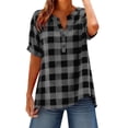 thumbnail image 2 of BXSRUTA Women's Casual Loose Fit V-Neck Short Sleeve Checkered Button Up Polyester Blouse, 2 of 7
