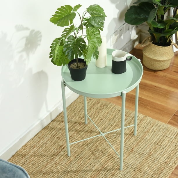 Buro Mesa de Centro Blanca con Bandeja Mesa Auxiliar de Metal,Verde FurnitureR Moderno