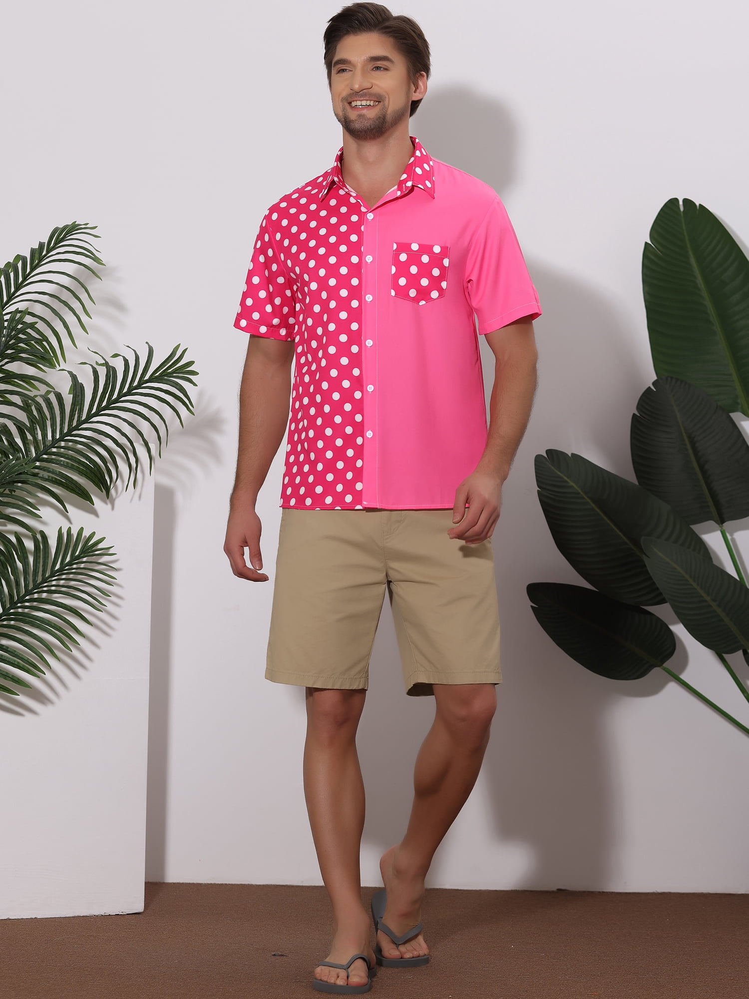 Unique Bargains Men's Summer Polka Dots Short Sleeves Button Down Patchwork Shirt S Pink