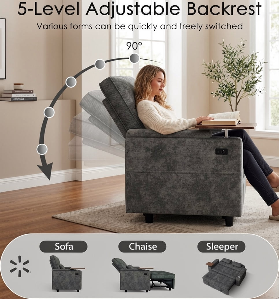 Howcool 65" Sleeper Sofa Bed, 3-in-1 Convertible Pull Out Couch Bed with Tray Table & Cup Holders, Chenille Loveseat Sofa with Adjustable Backrest for Living Room, Apartment(Dark Grey)