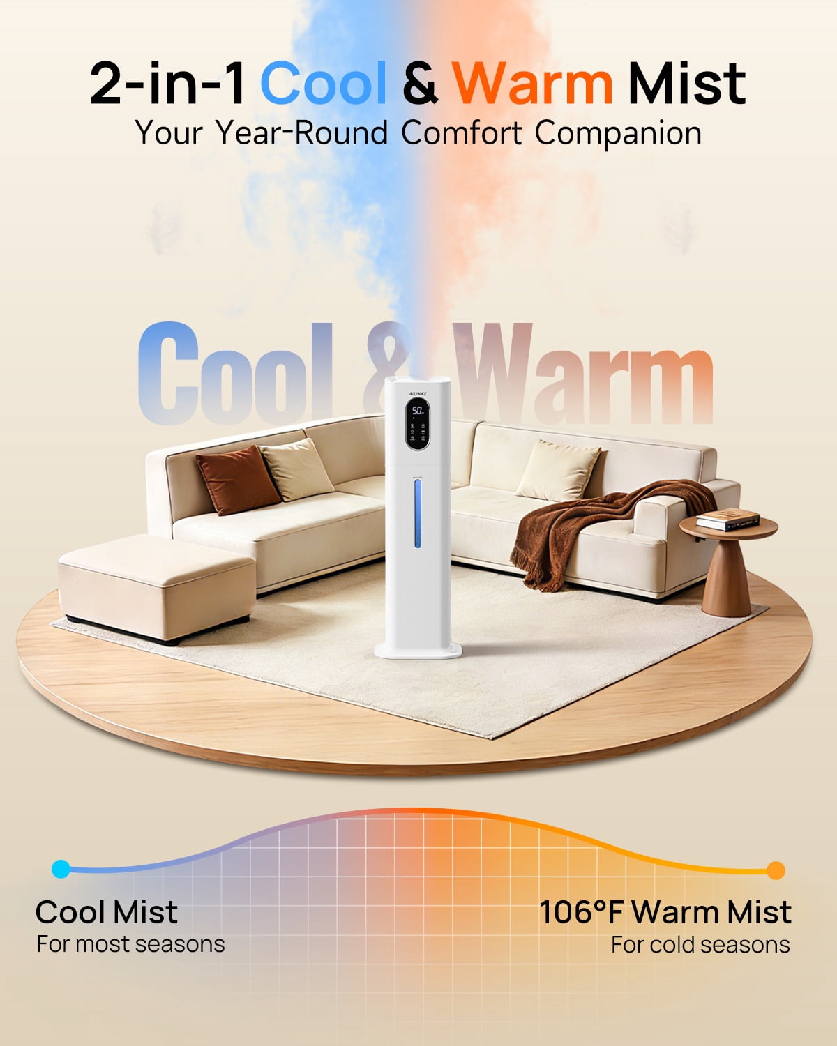 Warm Mist Humidifier, 2.1 Gallon/8 Liter Cool & Warm Mist Humidifier for Room Home, 500 Sq Ft Large Room Humidifier, White