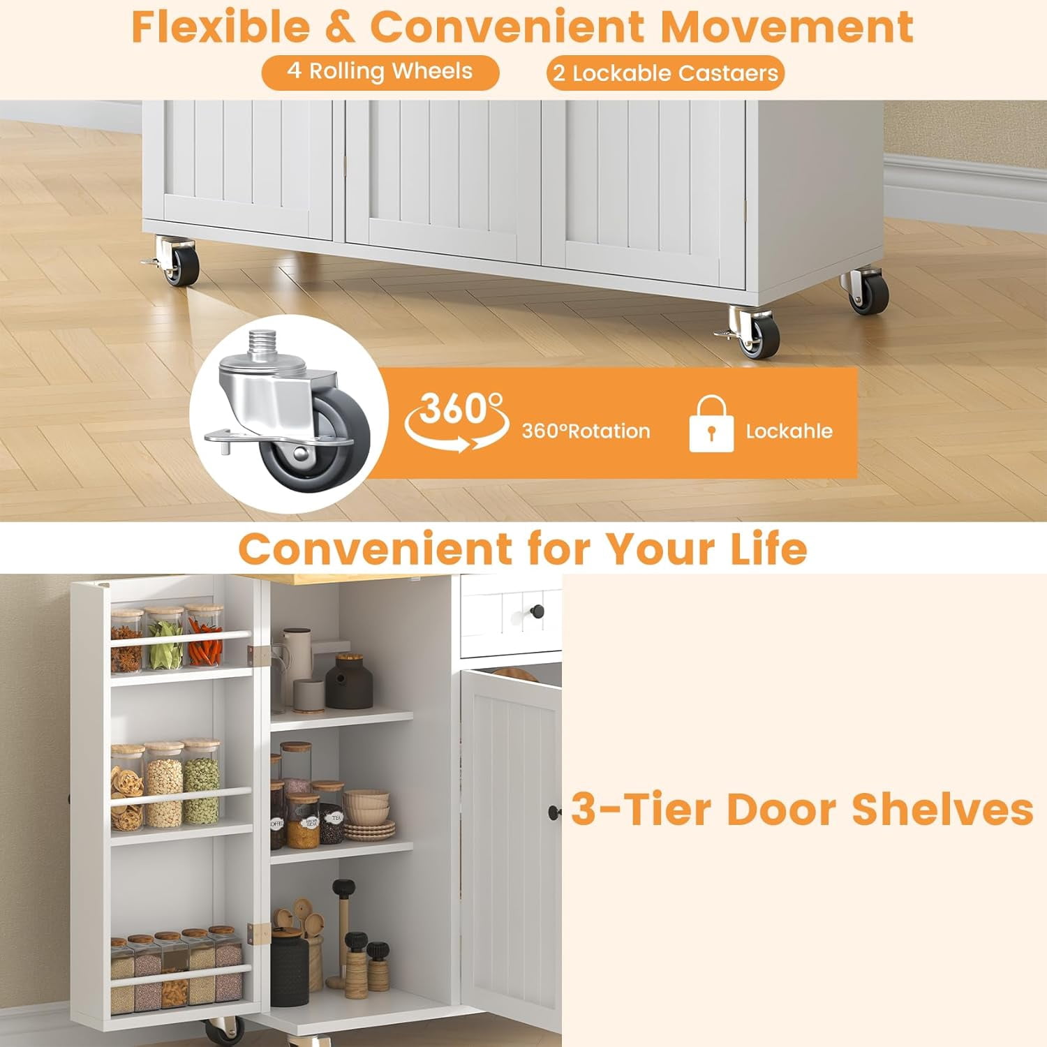 Frmobepts 41.3" Kitchen Island Cart Rolling Storage Cabinet Cart with Drawer & Rack,White