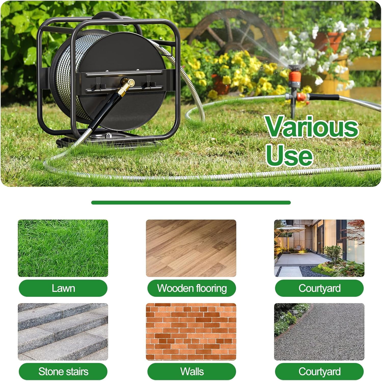 SPECILITE Metal Garden Hose Reel with 100ft 304 Stainless Steel & Aluminum Nozzle, Wall Mount/Floor Water Pipe Spool