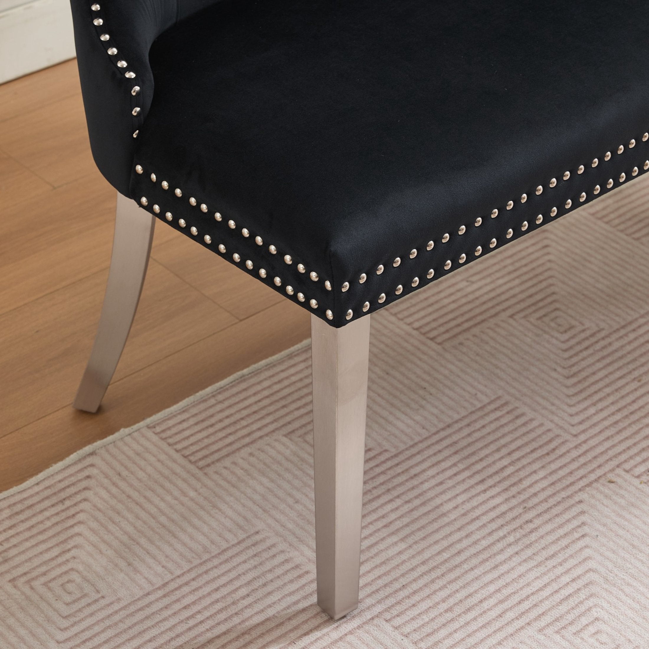 Noble House 2-Seat Velvet Dining Bench, Tufted Wingback Upholstery, Steel Legs, Black + Silver