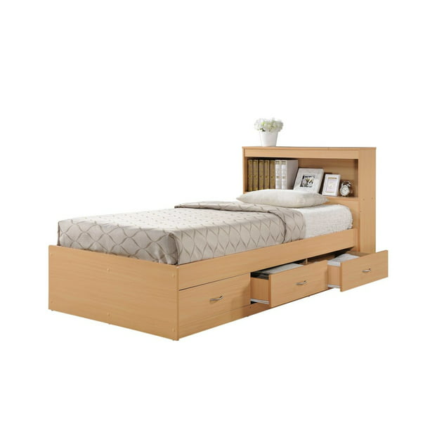 Hodedah Twin Size Captain Bed With 3, Captain Bed With Bookcase Headboard