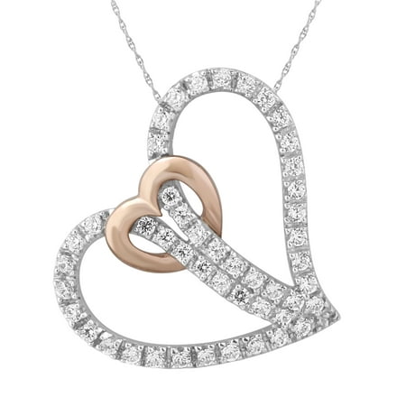 Diamond Heart Sterling Silver Pendant with attached 14 Karat Rose Gold Heart