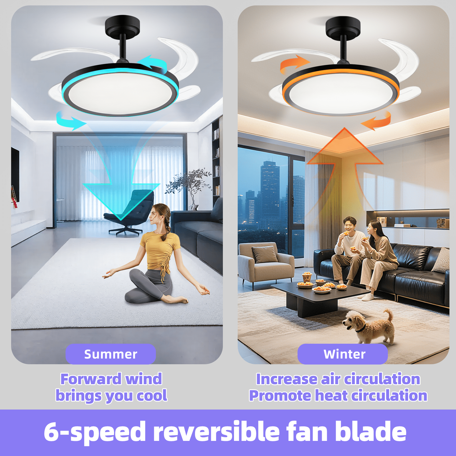 BAYSQUIRREL 42in Slim Retractable Ceiling Fan with RGB Light, Bluetooth Speaker, APP/Remote Control, 6-Speed Reversible, Dimmable Full Spectrum & Memory