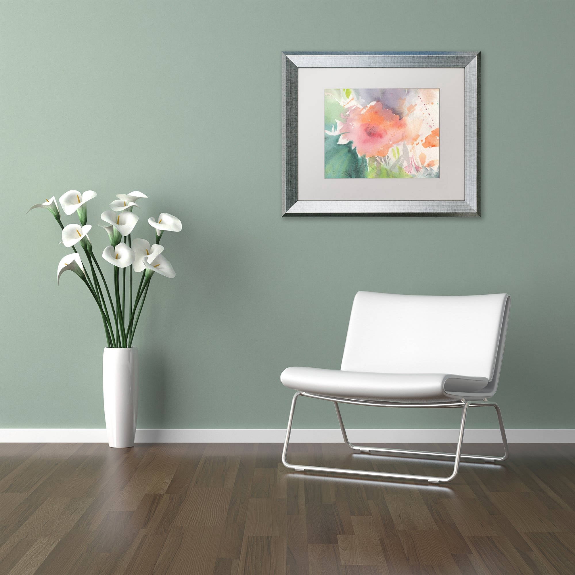 Trademark Fine Art "Coral Blossom" Canvas Art by Sheila Golden, White Matte, Silver Frame