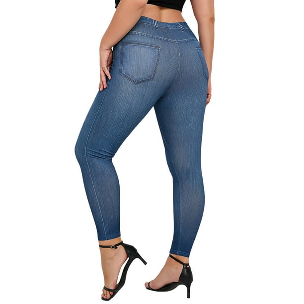 Sexy Dance Women Oversized Faux Denim Pant Tummy Control Fake Jeans High  Waist Plus Size Leggings Slim Fit Pencil Pants Butt Lifting Trousers Blue  5XL 