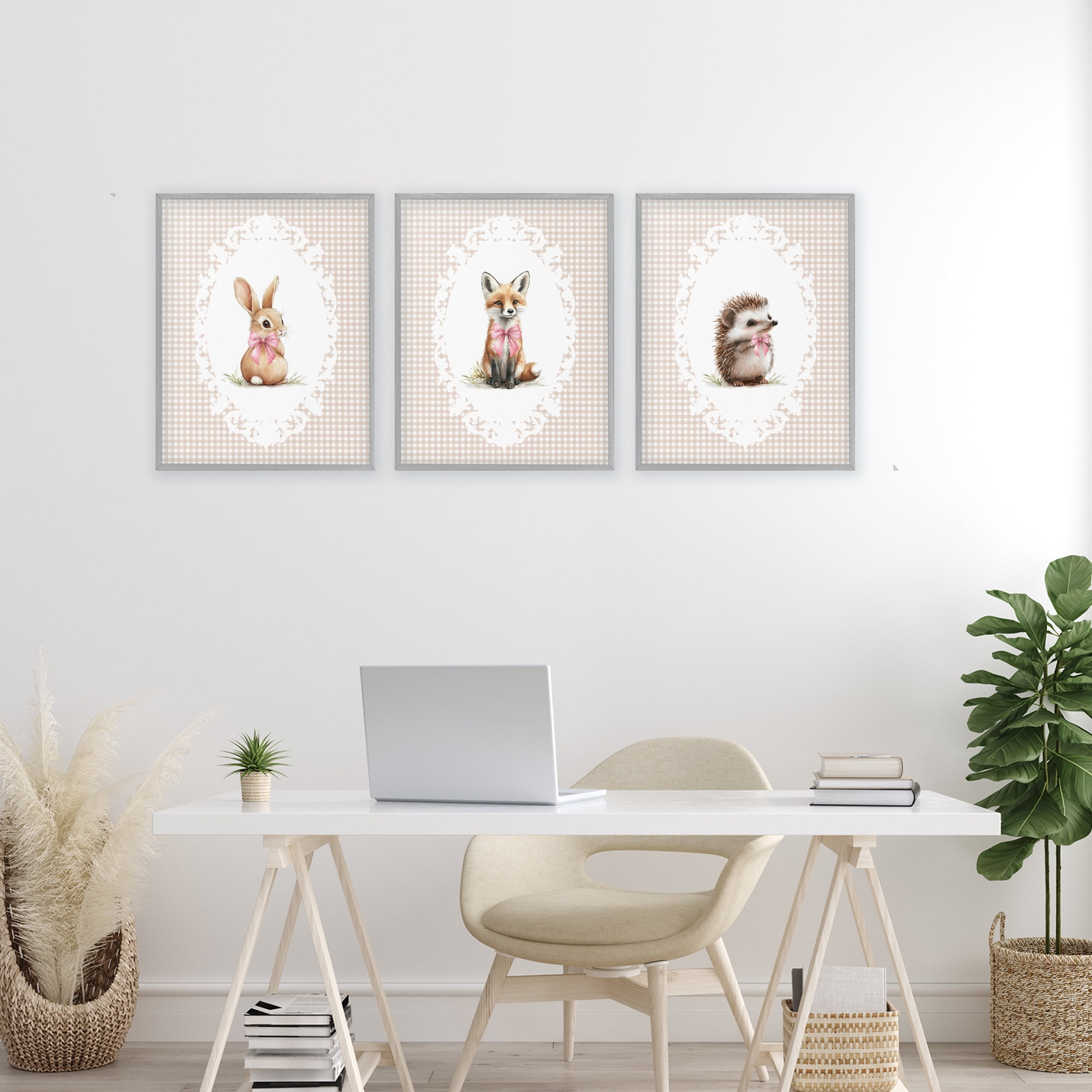 Stupell Industries Vintage Baby Bow Animals 3 Piece Gray Framed Giclee Art Set, design by Christine Simpson Art