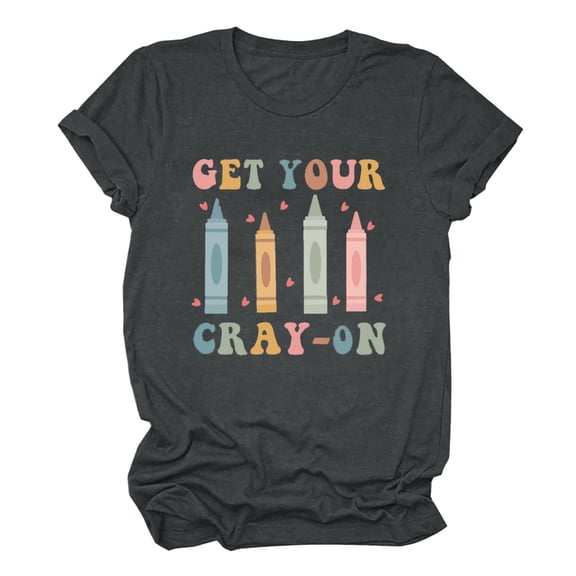 Virmaxy Get Your Crayon Womens Trendy Letter Printed Dressy Tops Round Neck Short Sleeve Loose Blouses Comfy Tunic Tops Summer Fashion Casual Baggy Basic Tee Dark Gray S