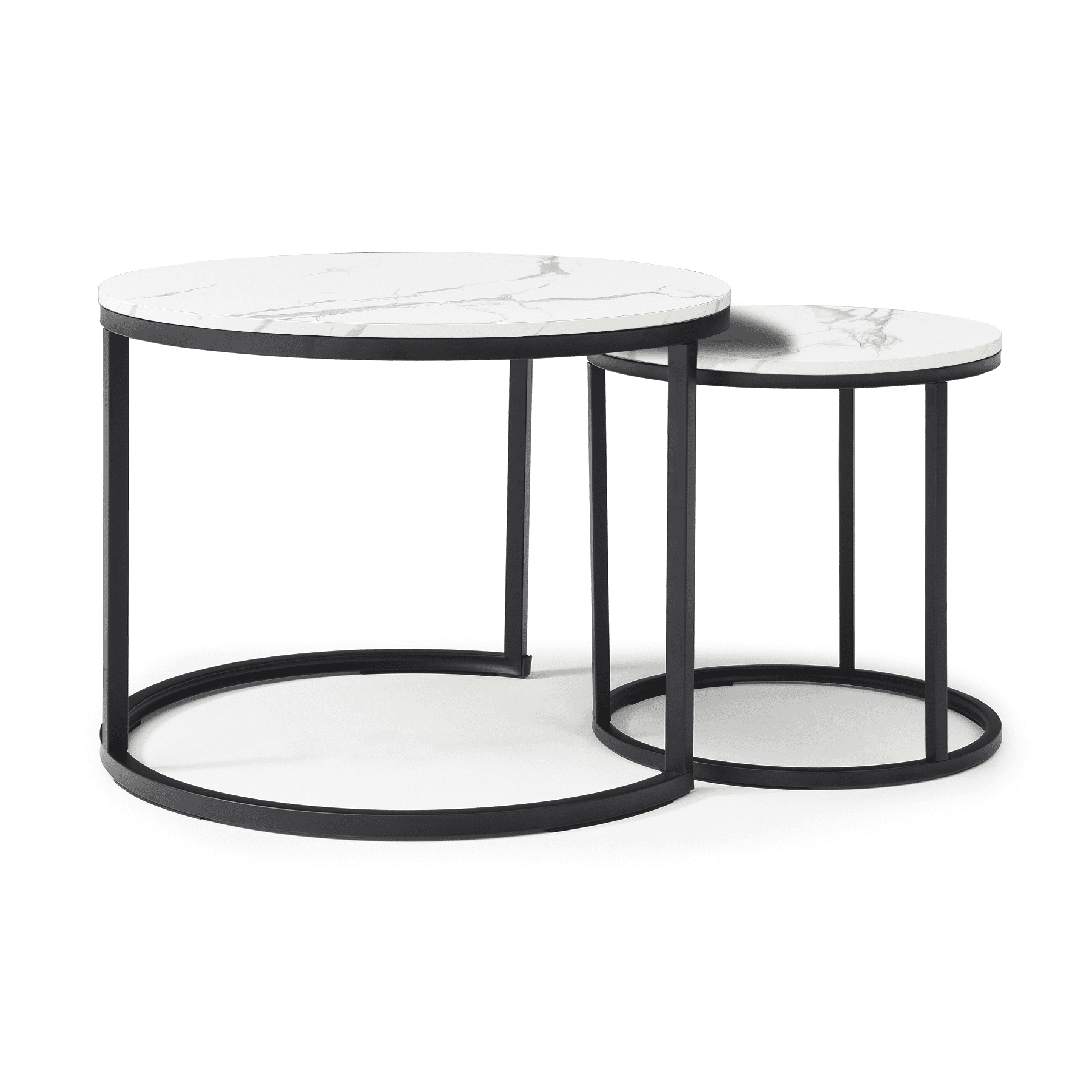 Set of 2 Nesting Round Coffee Tables, White & Marble Pattern Tabletop with Black Metal Frame, Modern Industrial Wooden Side Table, Accent Nightstand for Living Room Bedroom Apartment