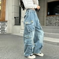 thumbnail image 5 of XXWXYD Girls Boys Kids Cargo Jeans Elastic Waist Straight Wide Leg Baggy Denim Pants Casual Loose Trousers 6-14 Years, 5 of 9