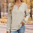 thumbnail image 3 of Womens Tops Long Sleeve Stripe Brushed Solid Color V-Neck Button Solid Top,Tops for Women Beige S, 3 of 5