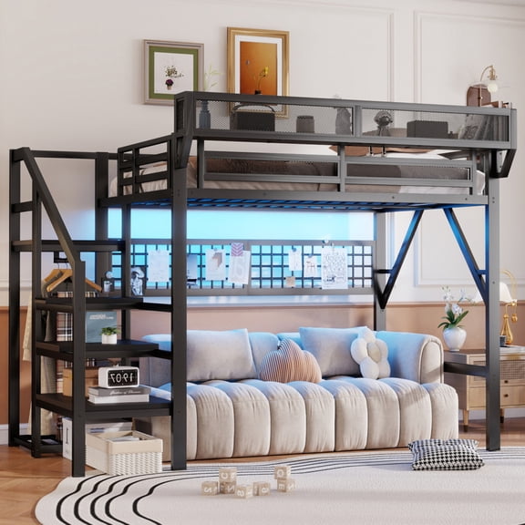 Full Size Loft Bed with Stairs, Metal Full Loft Bed with Light and Storage, High Loft Bed with Wardrobe and Storage for Bedroom,Black
