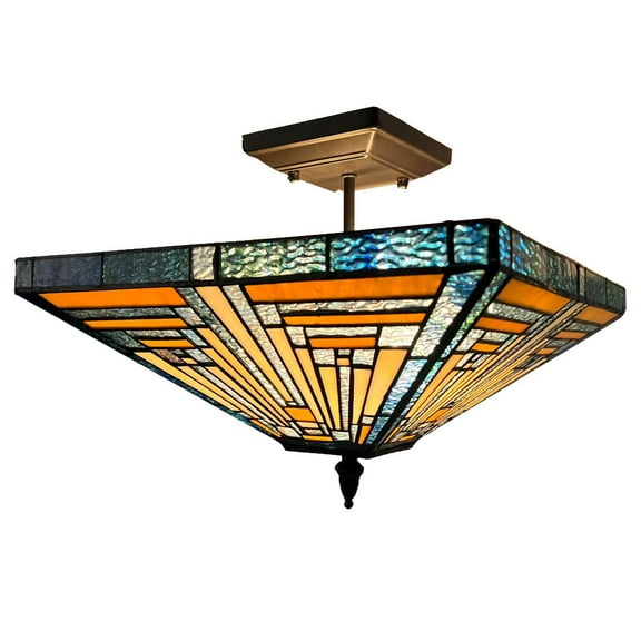 Tiffany Ceiling Light Semi Flush Mount, 14" Wide Vintage Mission Style Stained Glass Ceiling Lamp