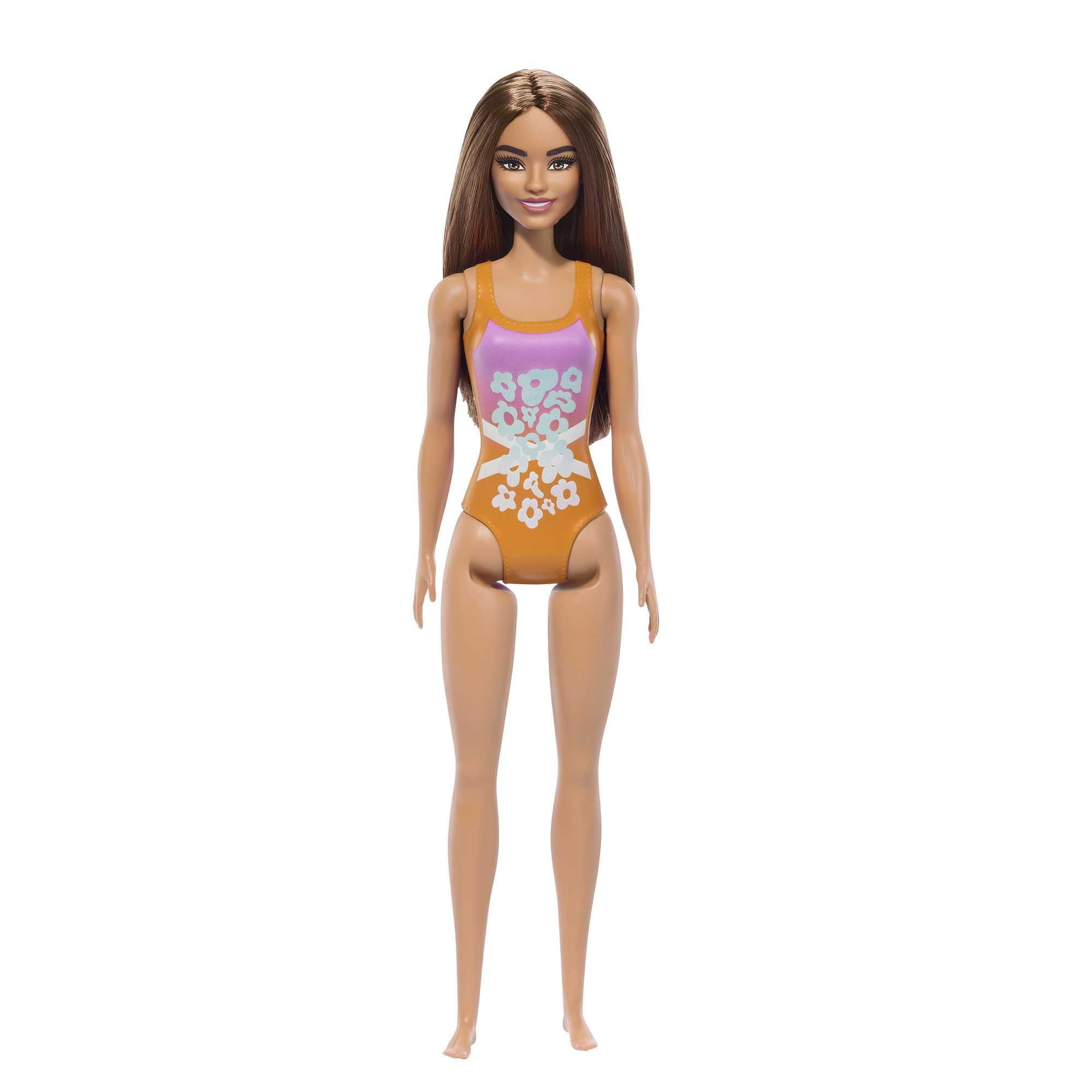 Beach Barbie Doll with Light Brown Hair Wearing Tropical Pink and Orange Swimsuit, Ages 3+