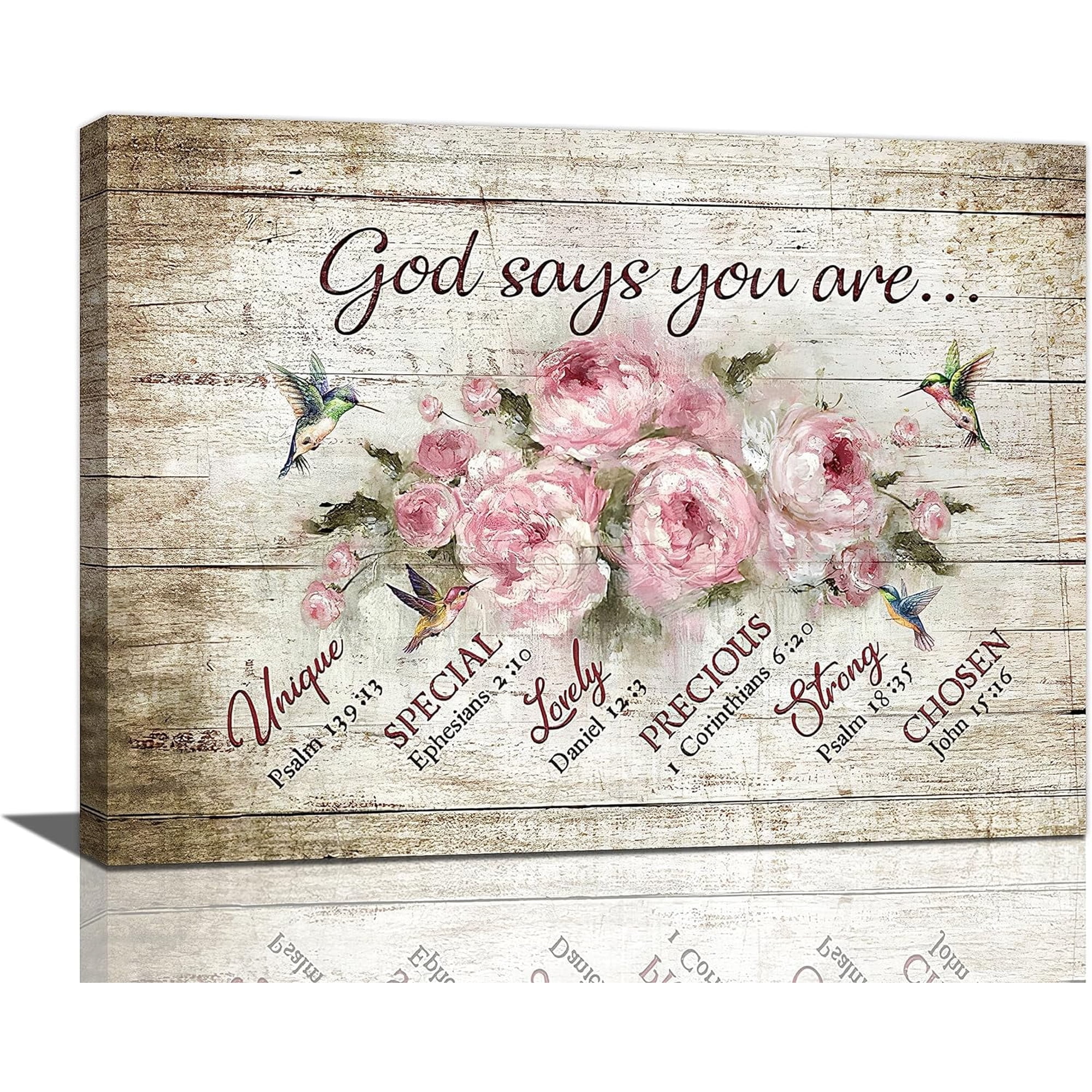 Farmhouse Pink Rose Wall Art Rusitc Rose Hummingbird God Says You are Pictures Wall Decor Canvas Painting Print Artwork Modern Home Decor Framed for Living room Bedroom Bathroom 16"×12"