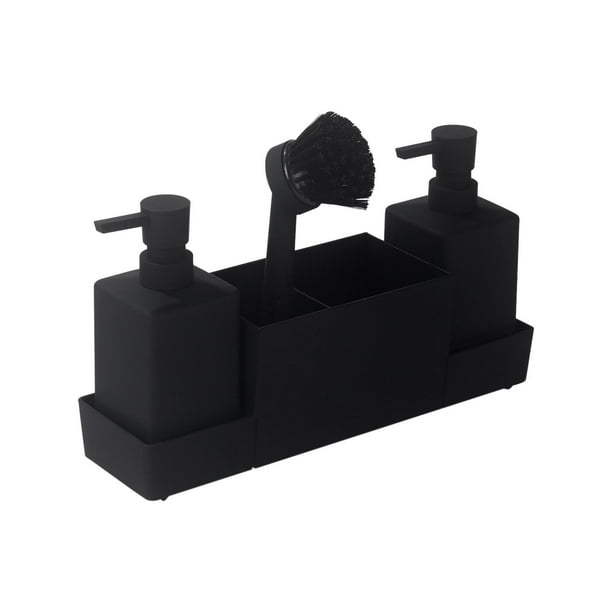 Dispensador de jabón líquido de manos para cocina con bandeja para esponjas y cepillos. Negro