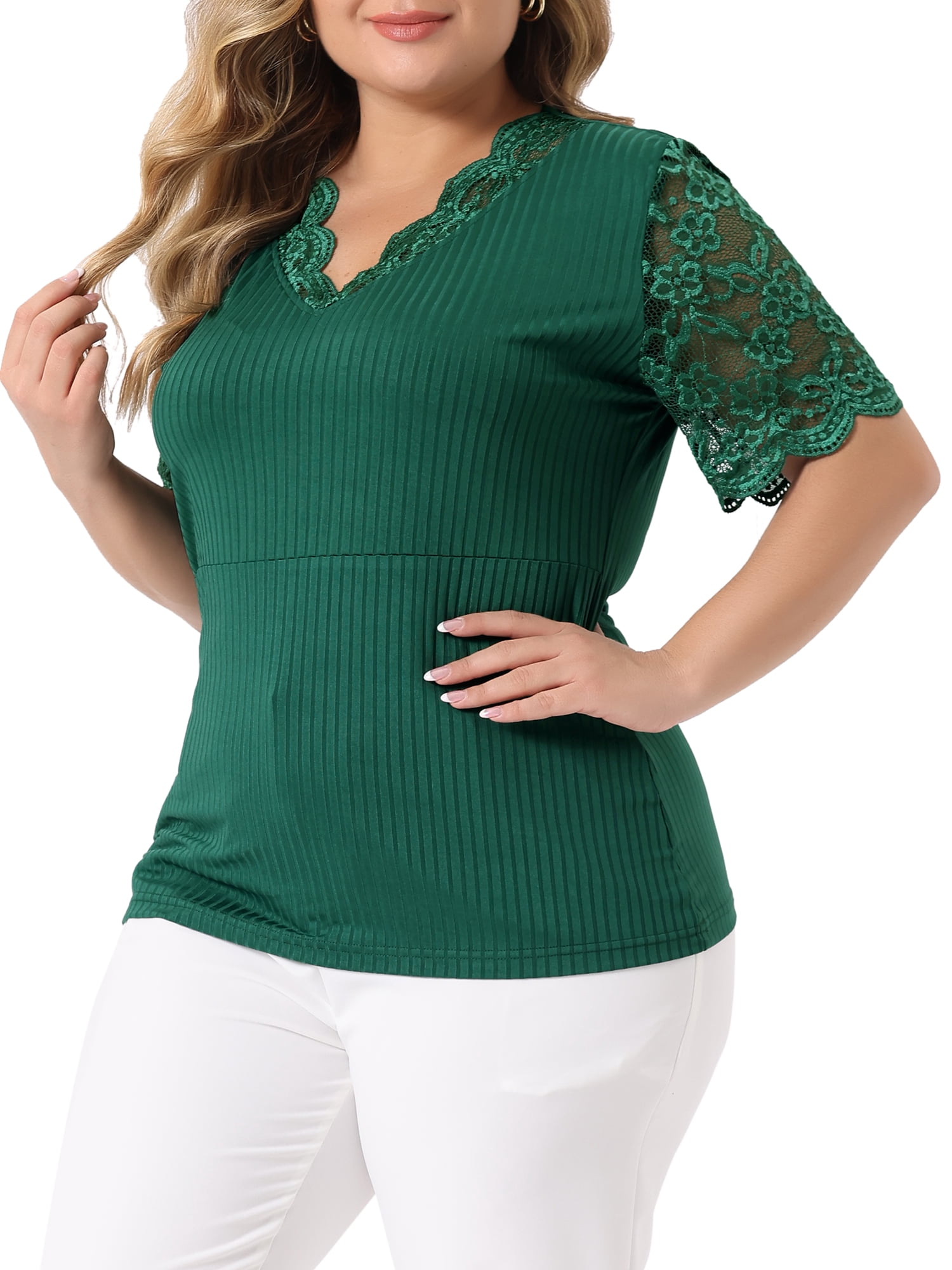 Unique Bargains Women's Plus Size Tops V Neck Elegant Lace Ribbed Knit Tunic Blouse 1X Green