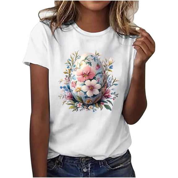 Womens Easter Tops 2025 Summer Comfortable Short Sleeve T-Shirt with Round Neck and Unique Easter Print