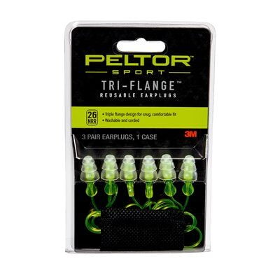 Peltor Sport Tri-Flange Corded Reusable Earplugs, Neon Yellow, 3