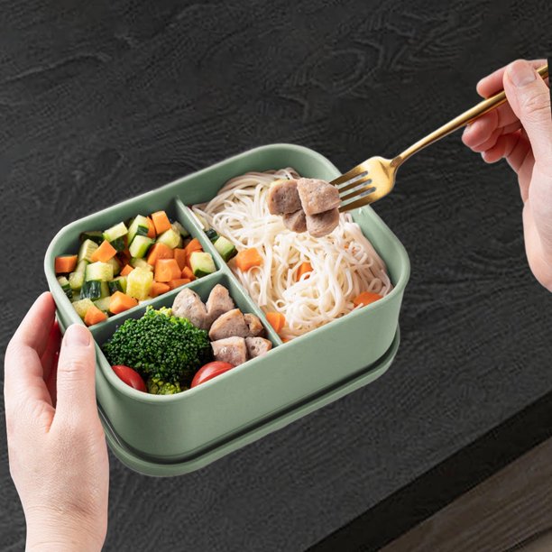 Recipiente de silicona con tapa sellada para almacenar alimentos frescos o calientes, diseño moderno con 3 compartimentos, rectangular , Verde