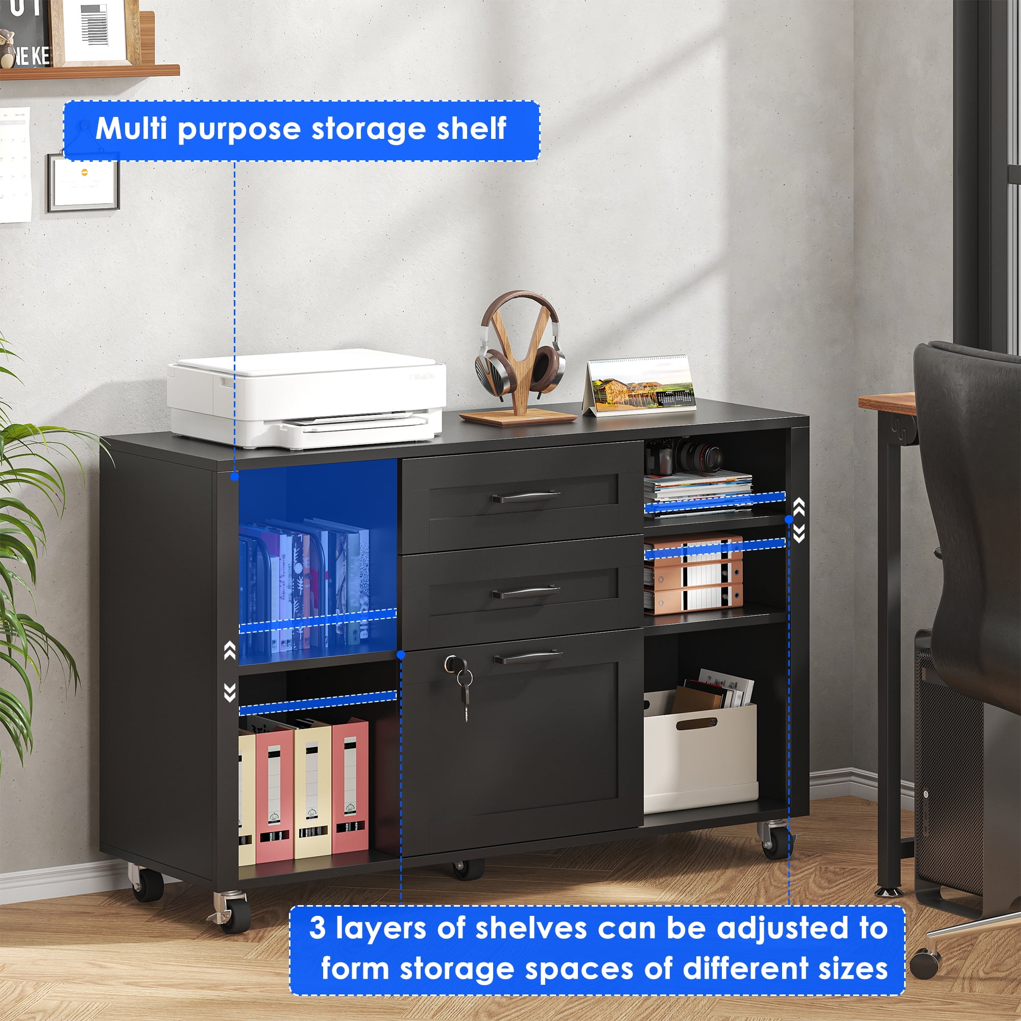 Modfurne 3 Drawer Wood Mobile Large lateral File Cabinet, Lockable Rolling Filing Cabinet, Printer Stand Home Office Storage Fits Files Legal/A4 (Black)