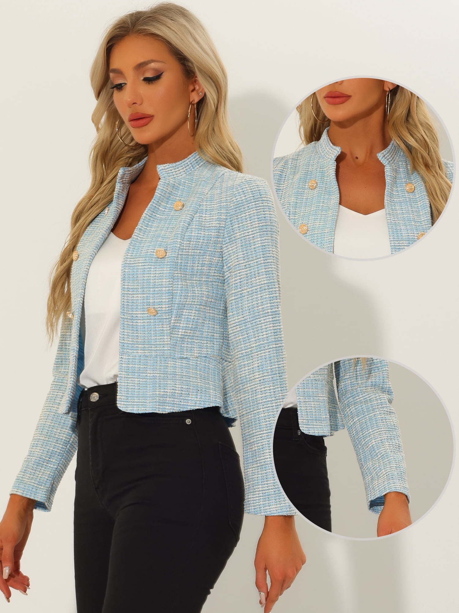 DARING DIVA Women's Elegant Stand Collar Business Plaid Tweed Blazer L Light Blue