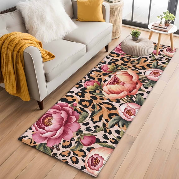 Runner Rug 2'x6', Pink Flowers Washable Non-Slip Hallway Runner Rugs, Leopard Spot Vintage Floral Country Plants Bedside Rugs Floor Mats Carpet Runners for Kitchen Bathroom Laundry Room