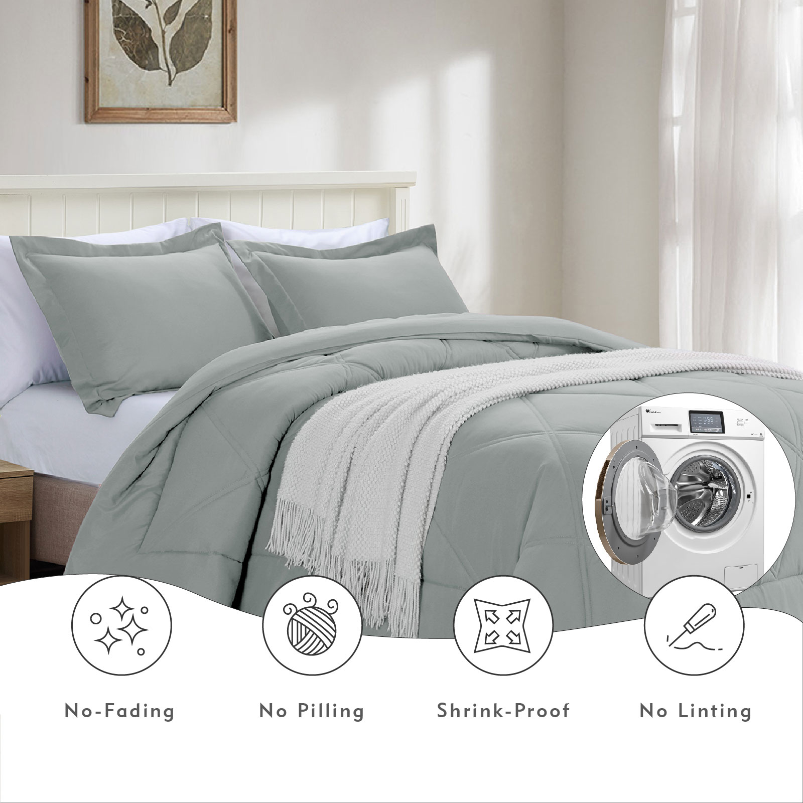 Notticasa 3-Piece Bedding Set,Solid Color Diamond Pattern,Soft Quilt Bedding Sets,Lightweight Bedspread Set Coverlet for All Seasons,Includes 1 Comforter and 2 Pillow Shams,Light Gray,Full